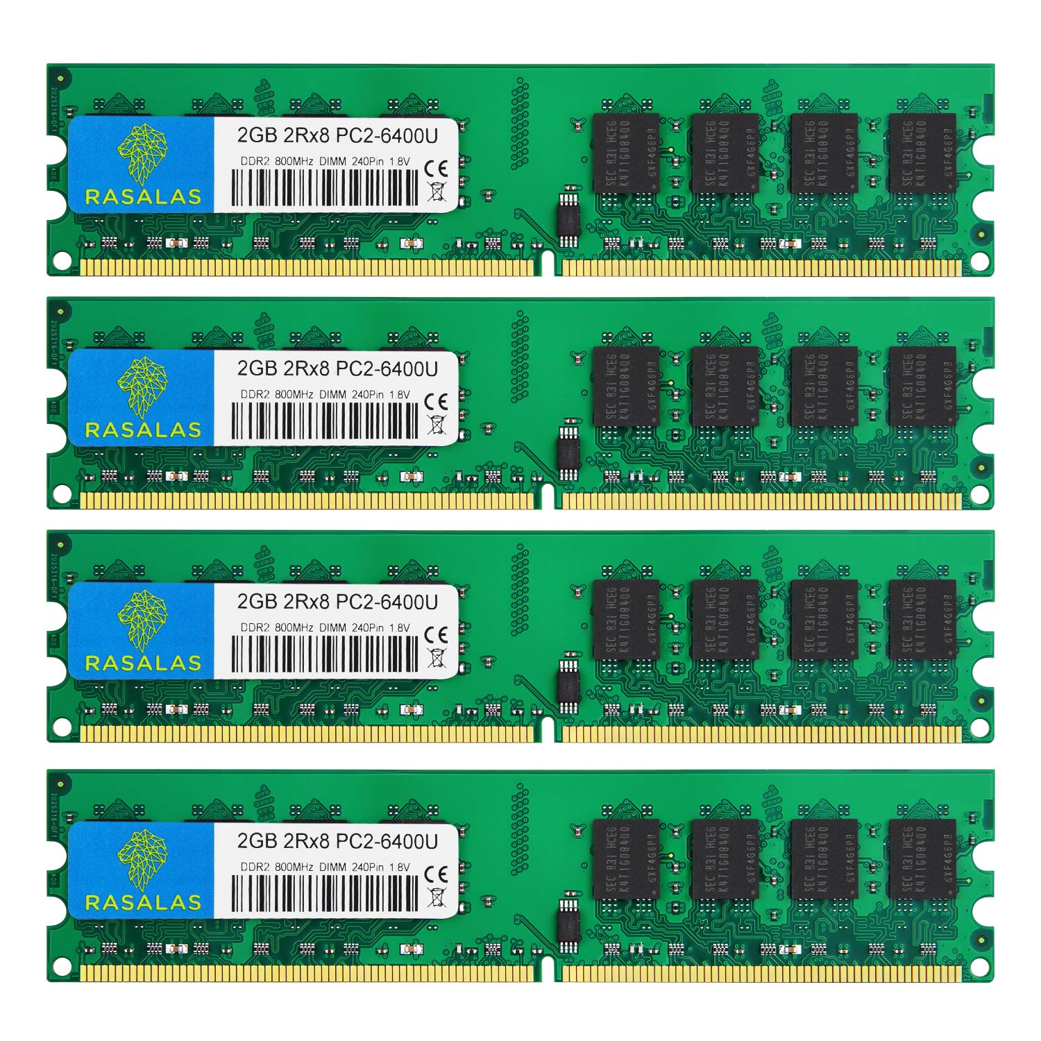 商品情報商品の説明製品ブランド: Rasalas 製品モデル: 2GB×4枚, 240-pin UDIMM, PC2-6400 DDR2 800 MHz 適用対象: デスクトップ・パソコン メモリ容量: 2GB×4枚 ピン数: 240-Pin DIMM 転送タイプ: DDR2 PC2-6400 メモリの周波数: 800MHz メモリの電圧: 1.8 V 遅延記述: CL6主な仕様 Rasalas DDR2 800 PC2-6400 4枚x2GB DDR2-800 Udimm 2Rx8 1.8V CL6 Non-ECC デスクトップ・コンピュータメモリー，デスクトップパソコン用 増設メモリです。brDDR2 800 240Pin CL6 Non-ECC DIMM。購入前に、 RAMモデル、RAMスロットなどのパラメータを確認してください。お客様のコンピュータの最大メモリ。よくわからない場合は、ここでお手伝いします。brメモリ形式 : DDR2-SDRAM, メモリモジュール形状 : 240pin, Unbuffered DIMM, チップ構成 : 両面実装br安心してお買い上げください。何か質問があれば、いつでもbr保証期間：永久保証