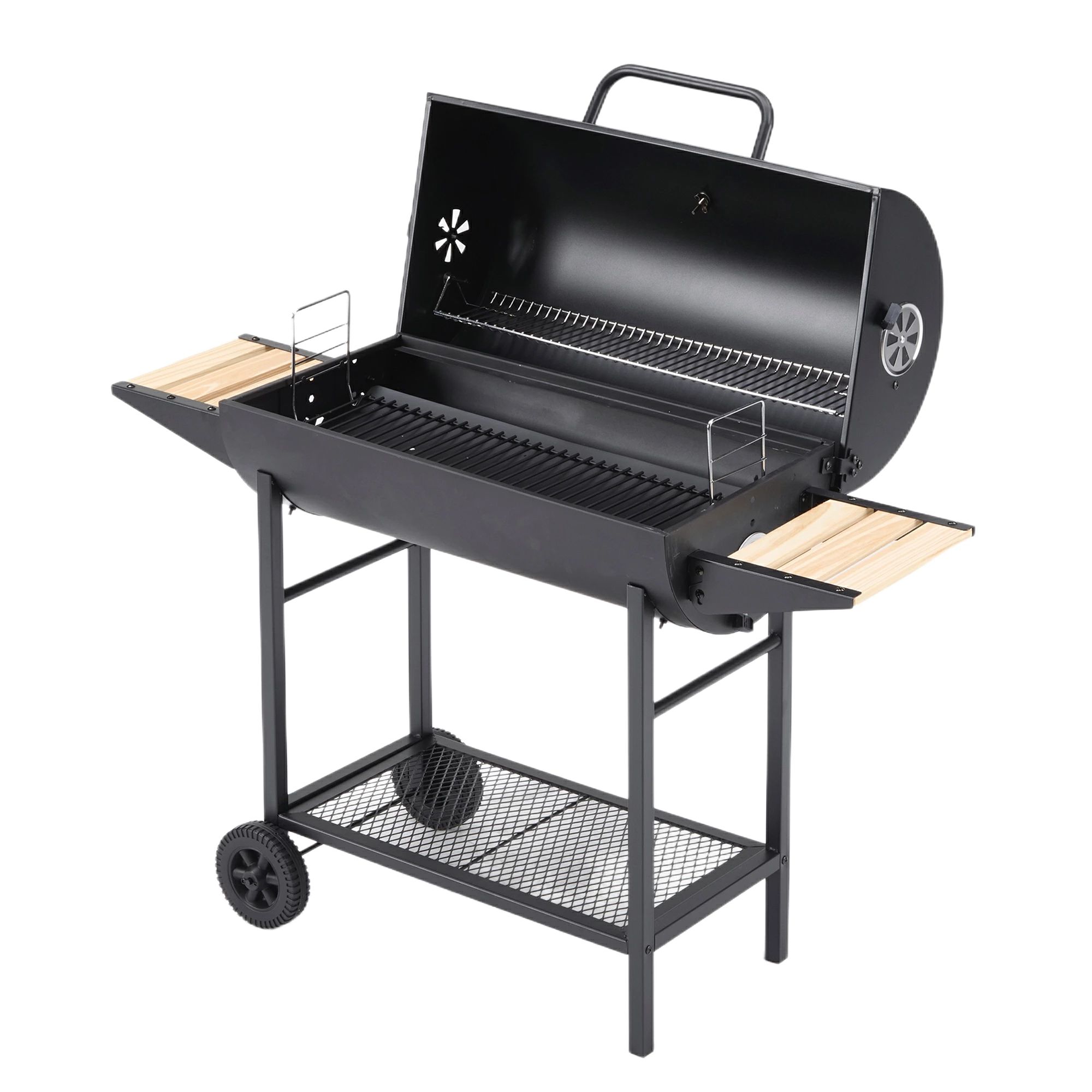 バーベキューコンロ BBQコンロ 焼き網 温度計 通気口 バレル蓋 サイドテーブル キャスター付き 棚板 タ..