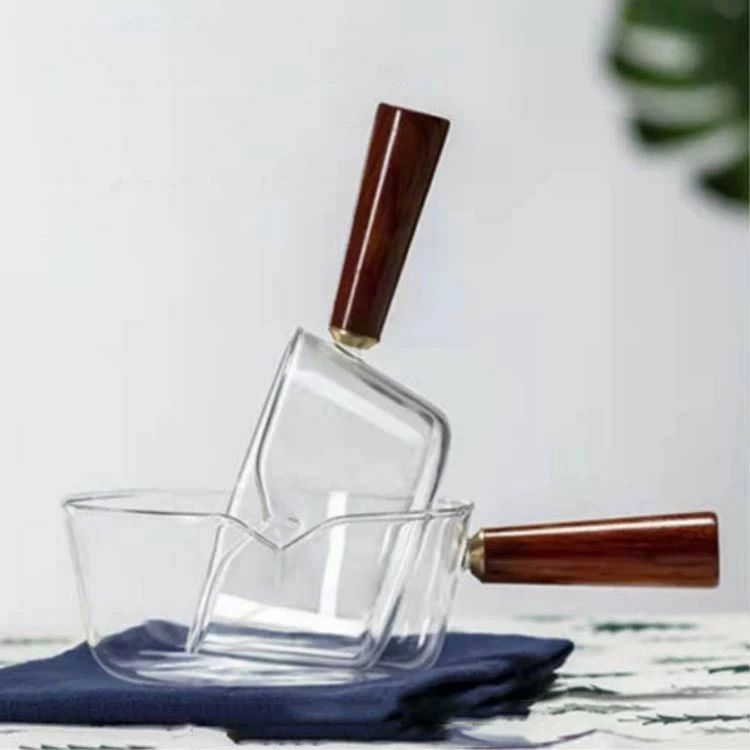 600ml ミルクパン ガラスポット ガラス製 木製ハンドル 400ml 透明 耐熱 片手鍋 クリア V字型注ぎ口 北..