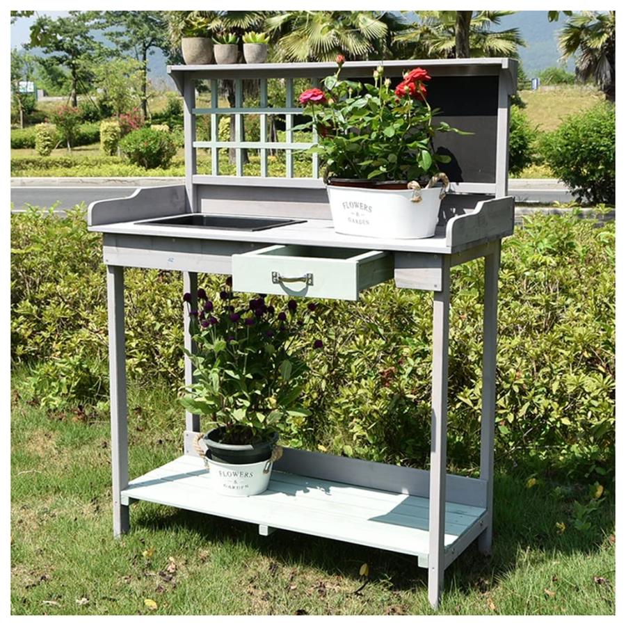 36''木製ガーデンポッティングベンチ作業台屋外ガーデン作業台テーブル裏庭バルコニーパティオ用作業台植栽トラフ付き隠し収納引き出し
