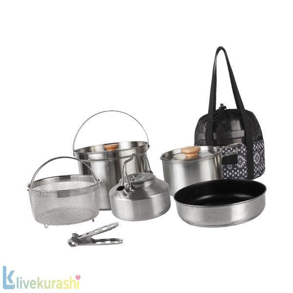 キャンプ調理器具セット パンケトル 実用的で耐久性のあるステンレススチール キャンプポットとネット..