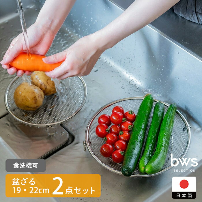 ビーワーススタイル　すっきり暮らす　盆ざる19・22cmセット　持ち上げフック付き　/　盆ざる ステンレスざる 平ざる 蒸し器 せいろ代用 水切りざる 燕三条 日本製