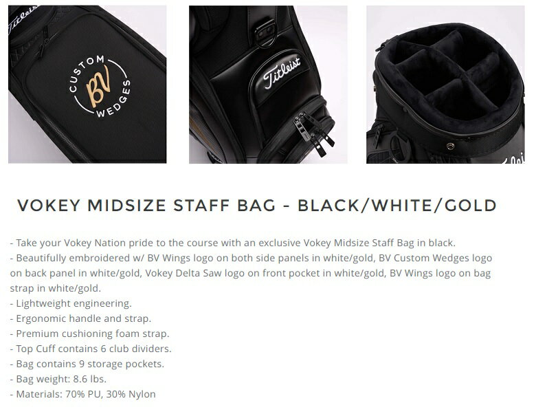 Titleist Vokey Midsize Staff Bag - Black/White/Gold タイトリスト ボーケイ ミッドサイズ スタッフバッグ