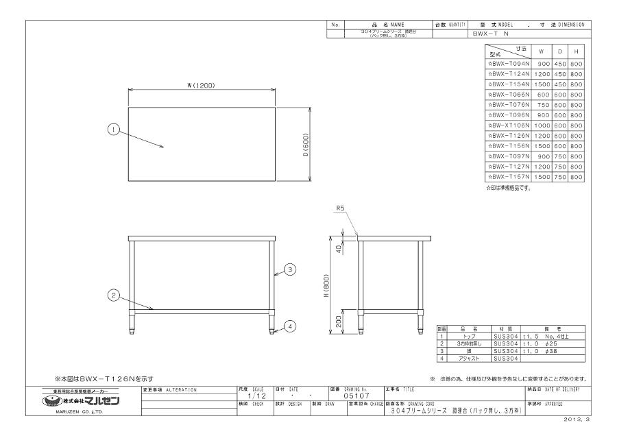 マルゼン 調理台 三方枠 BWX-T126N ブリームシリーズ SUS304