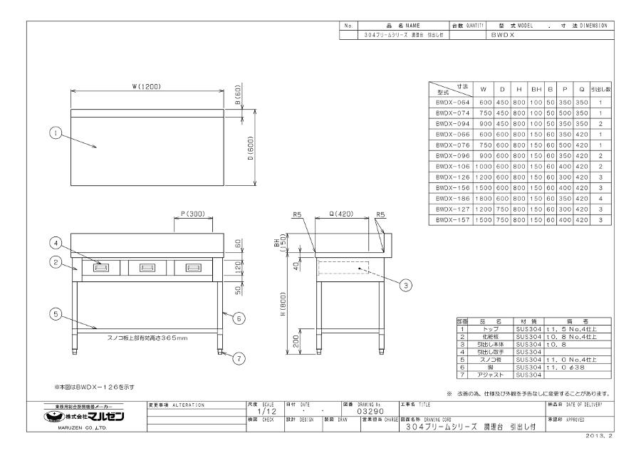 マルゼン 調理台引出しスノコ板付 BWDX-074 ブリームシリーズ SUS304