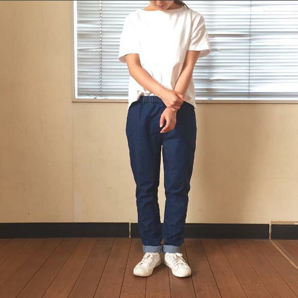デニムパンツ レディース ゴム [メール便可] 日本製 ストレートデニム ランダムピケテンセル切替デニム 美脚 ウエストゴム テンセル 涼しい テーパード スリム 履き心地
