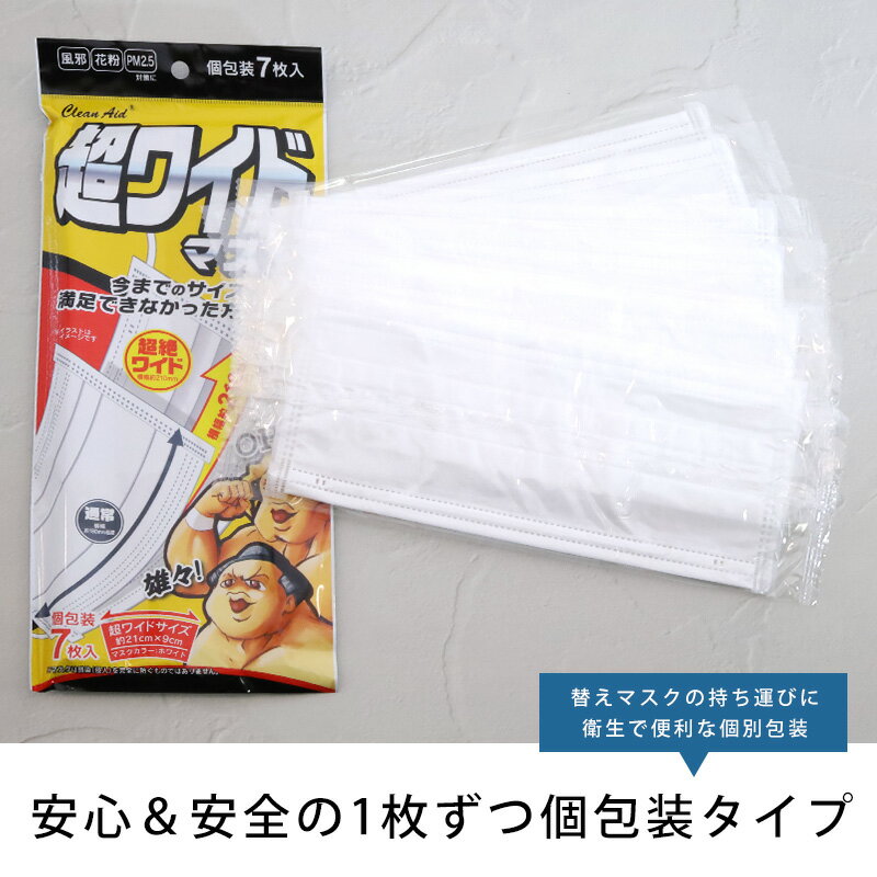 特大 マスク 大きいサイズ 男性用 不織布 7枚入り 超ワイドマスク クリーンエイド 使い捨てマスク メール便送料無料 99%カット 飛沫対策 ハウスダスト 使い捨て 顔が大きい ビッグサイズ LL XL 男性 九重 龍二 千代大海 プレゼント ギフト 【Propela】プロペラ楽天市場