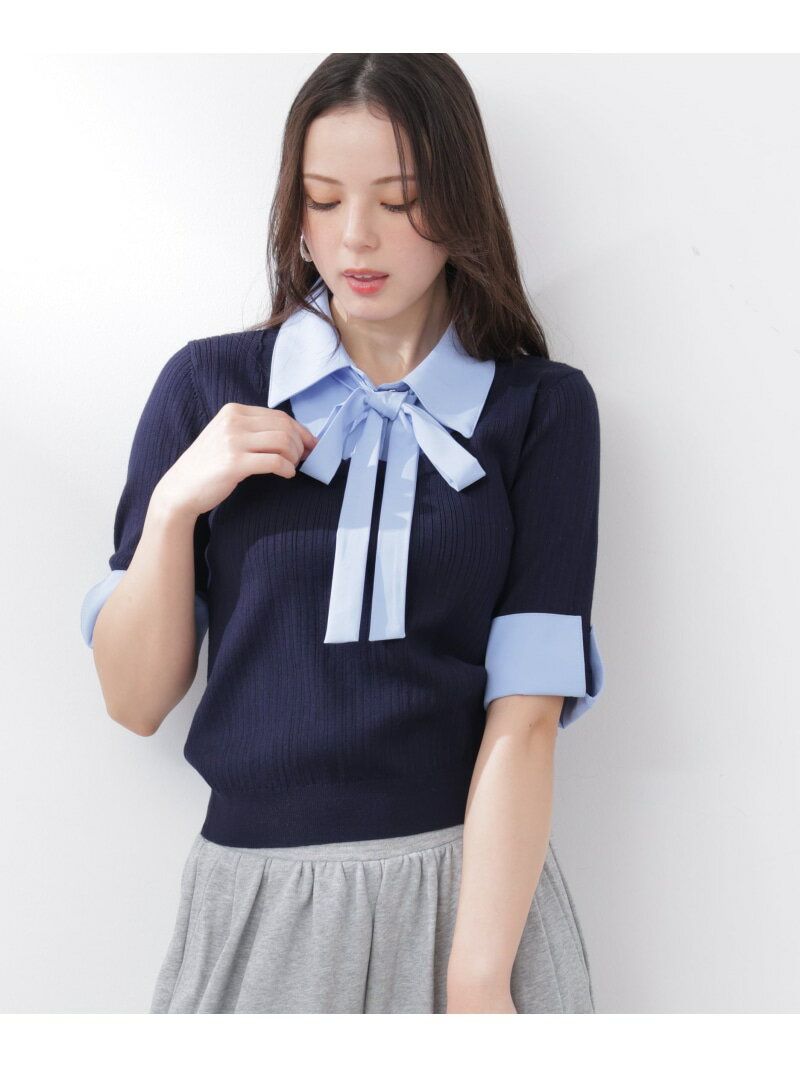 Rakuten - 【SALE／30%OFF】《EDIT COLOGNE》リボンシャツドッキングニット 26SS PROPORTION BODY DRESSING プロポーションボディドレッシング トップス ニット ブルー ホワイト【RBA_E】【送料無料】[Rakuten Fashion]