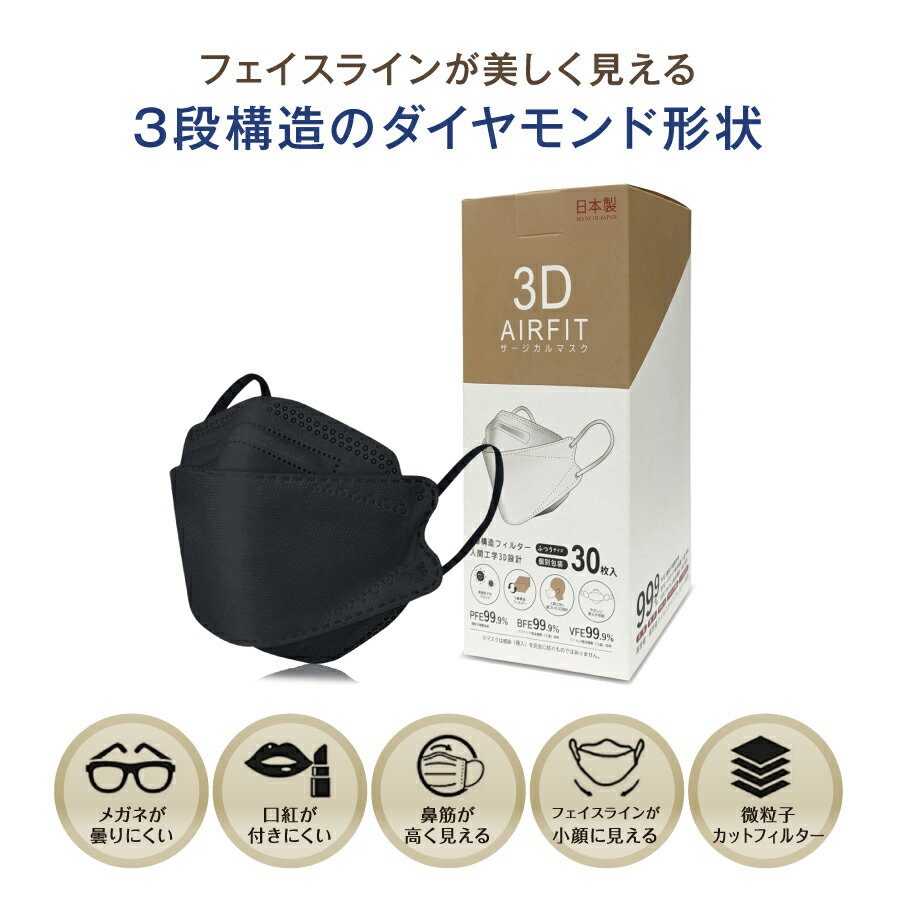 立体マスク 日本製 A-JN95 30枚 カラー ブラック マスク 不織布 立体 不織布マスク 立体マスク 個包装 カラーマスク 使い捨てマスク 血色 3D 口紅がつきにくい おしゃれ 大人 4層フィルター 不織布 マスク カラー 小顔に見える 立体型 ダイヤモンドマスク 国産 柳葉型