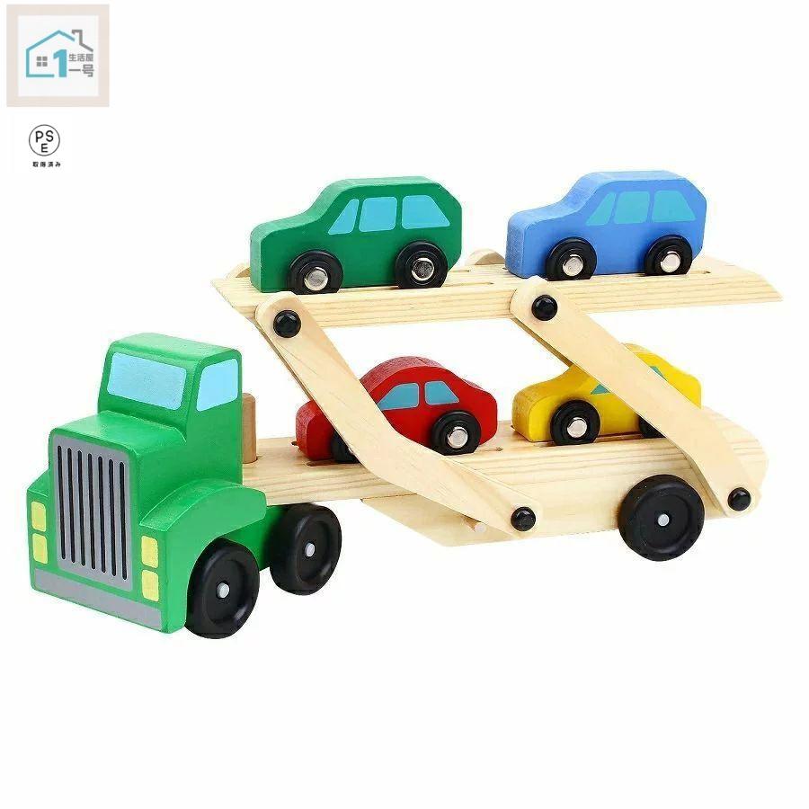 Rakuten - 【楽天スーパーセール】木製車 木製おもちゃ 知育玩具 汽車 トラック キャリアカー キッズ 男の子おもちゃ 4台の車を運んで積み降ろし ミニカー カラフルキャリ