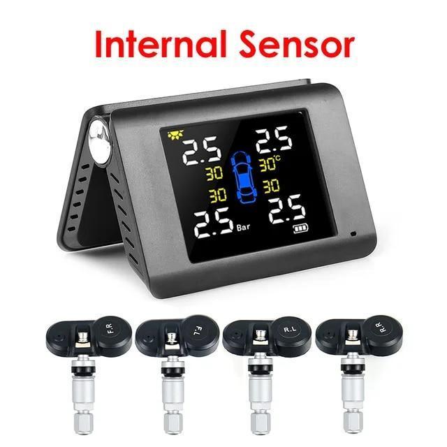 Develuck タイヤ空気圧警報監視システム TPMS 4 内蔵 外部センサー黒自動ワイヤレスソーラーパワー充電 Internal sensor