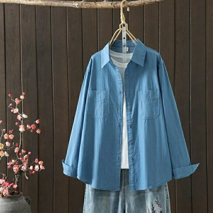 Blouses - シャツ レディース 長袖 春秋 ブラウス デニム風 レギュラーカラー シャツブラウス 前開き 綿シャツ トップス カーディガン 羽織り 森ガー カジュアル コットン