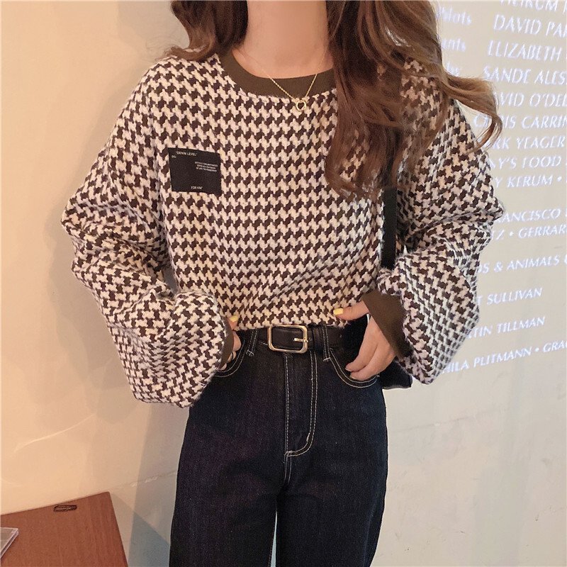 Rakuten - 【楽天スーパーセール】レディース チェック柄 千鳥格子 ニット セーター プルオーバー パフスリーブ ラウンドネック モノトーン 大人可愛い ママコーデ ママファッション 新作 トレンド 人気 韓国