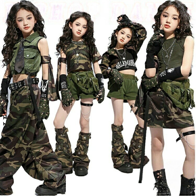 樂天商城 - 4タイプ 迷彩セットキッズ ダンス衣装 女の子 半袖 Tシャツ ショートパンツ ショート丈 トップス パンツ セットアップ カジュアル ポッピング ジャズダンス ヒップホップ かっこいい