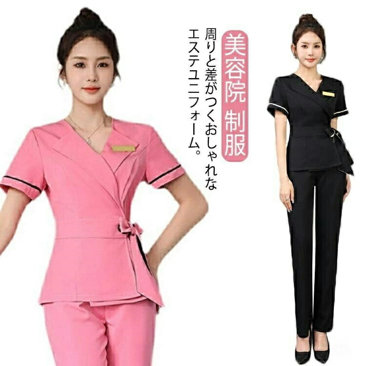樂天商城 - 作業服 制服 おしゃれ ウェストリボン トップス 半袖 レディース パンツ ホテル 韓国 エステ セットアップ 美容院