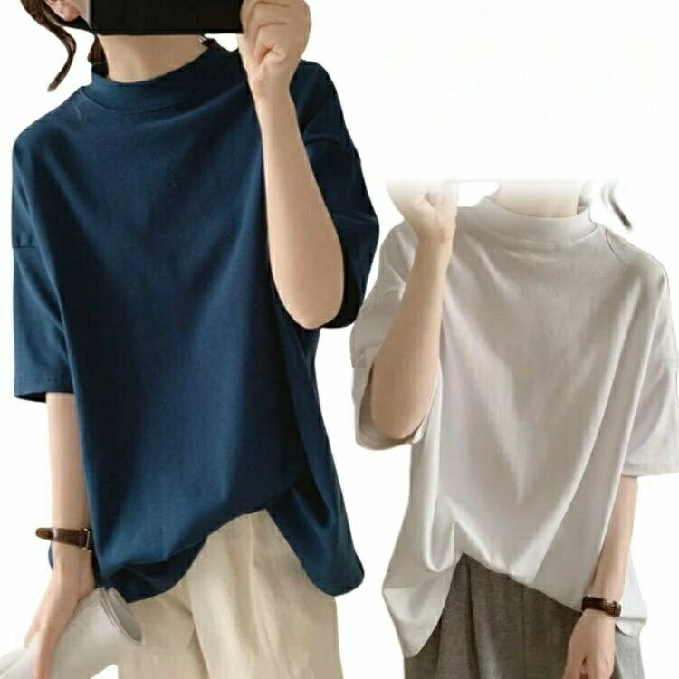 樂天商城 - 半袖 ゆったり カットソー Tシャツ プチハイネック レディース 夏物 ドロップショルダー トップス モックネック ハイネック 体型カバー