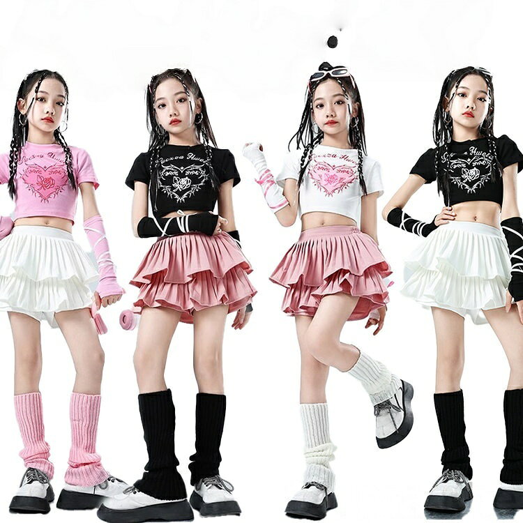 子供服 ダンス衣装 キッズダンス hiphop へそ出し ピンク 黒 白 ハート柄 半袖 リ...