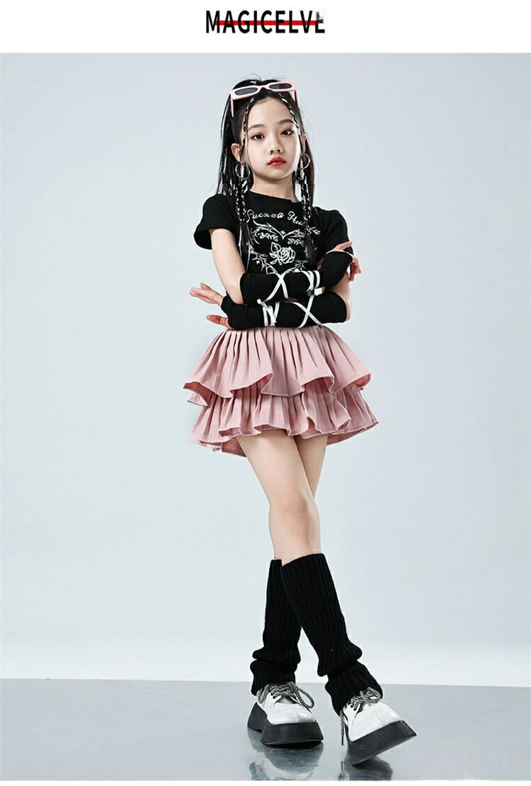 子供服 ダンス衣装 キッズダンス hiphop へそ出し ピンク 黒 白 ハート柄 半袖 リ...