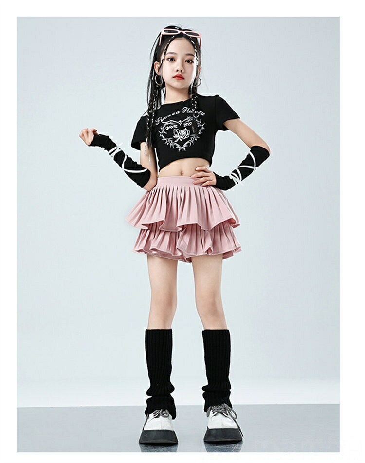子供服 ダンス衣装 キッズダンス hiphop へそ出し ピンク 黒 白 ハート柄 半袖 リ...