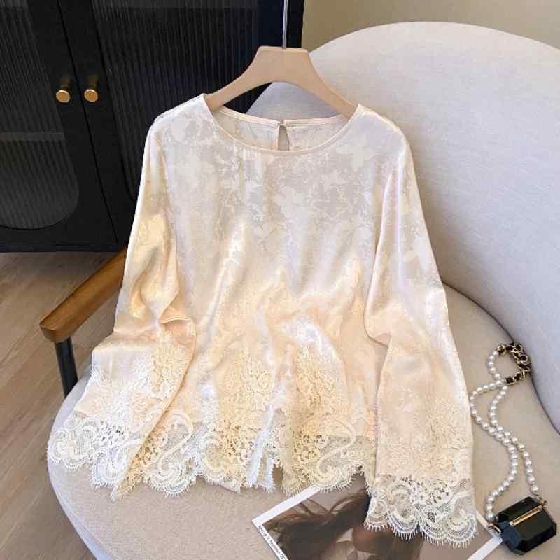 Work Clothes （Office） - ブラウス レディース 中国風 絹 素材 レース 縁取り 丸首 インナー トップス 切り替え 普段使い 快適 軽量