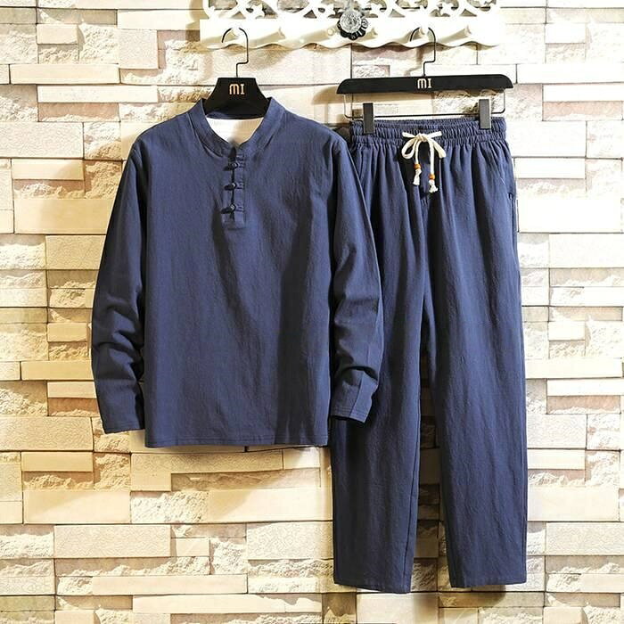 セットアップ メンズ 春秋 薄手 リネン 部屋着 ゆったり 上下セット ルームウェア 綿麻 ロングパンツ Tシャツ 長袖 — vista 2