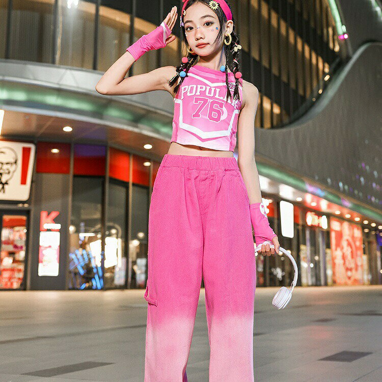 Rakuten - キッズ ジャズダンス 衣装 クロップトップ ピンク スタイル おしゃれ 子供 ストリートダンス 韓国風 発表会 ハイキック ロケット プレゼント 女の子 キラキラ