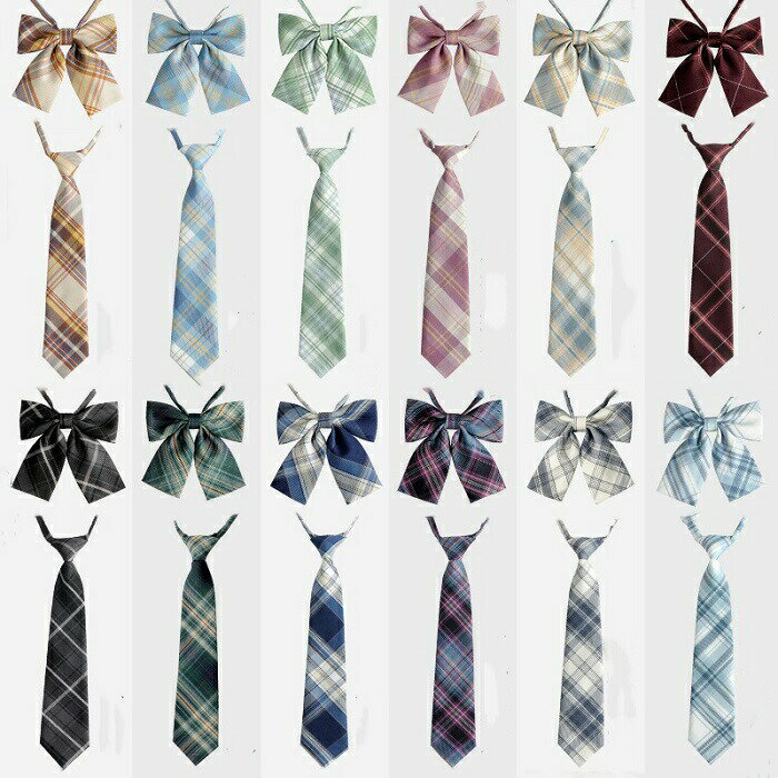 Neckties - 全12色 2点セット ネクタイ+蝶ネクタイ 女の子 女性 レディース チェック柄 入学式 卒業式 卒園式 スーツ用 高校生 プレゼント 簡単 学園祭 JK コスプレ衣装用 おしゃれ 中学生