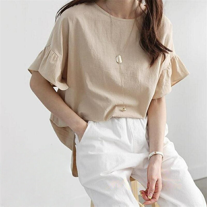 樂天商城 - Tシャツ レディース ブラウス 綿麻 ロングt 無地 トップス 可愛い フレア袖 tシャツ 半袖 丸首 プルオーバー 30代40代50代60代 シンプル カジュアル