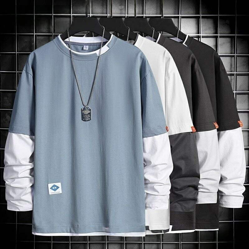 Rakuten - 【楽天スーパーセール】カットソー メンズ 長袖 トップス Tシャツ 大きいサイズあり クルーネック 無地 フェイクレイヤード 重ね着風 かっこいい シンプル プルオーバー