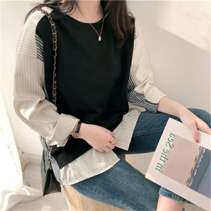 Rakuten - Tシャツ ブラウス シャツ レディース 春秋 長袖 丸首 プルオーバー レイヤード風 重ね着 オシャレ きれい カジュアル チュニック 大人 ゆったり 春ブラウス 20代 通勤 大人可愛い