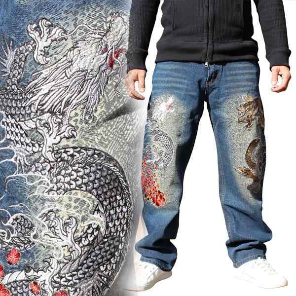 Rakuten - カジュアル パンツ メンズ 和風 刺繍入り デニム ジーンズ 浮世絵 和柄 巨大 龍 刺繍 ライト 高級 ボトム レトロ ヴィンテージライク ヤンチャ ブリーチ加工 ヒップホップ ストリート