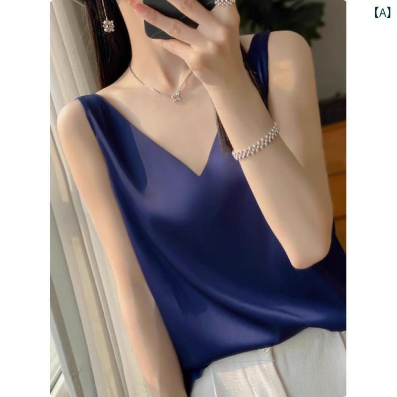 樂天商城 - レディース キャミソール サテン 25 春夏 v ネック 女性 インナーカバー 酢酸 ノースリーブ トップス 痩せ 着