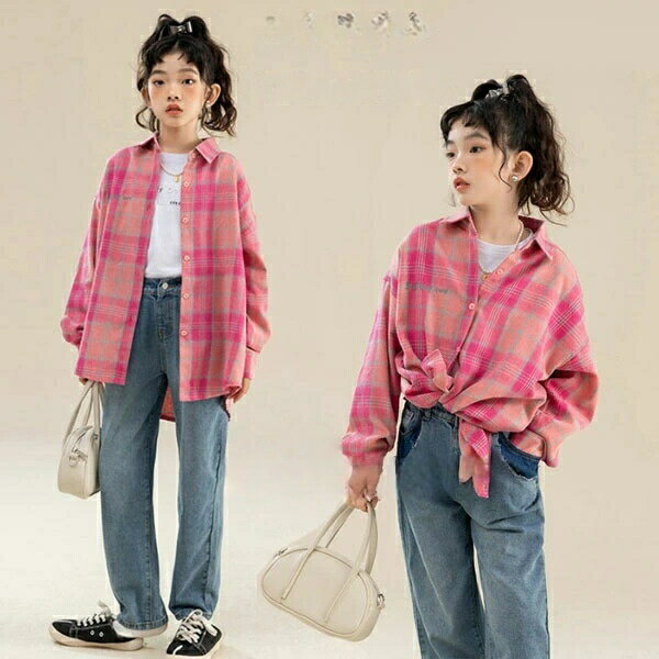 Rakuten - 【楽天スーパーセール】チェック柄 シャツ レジャー デイリー 女の子 ピンク 春秋 新作 キッズ 長袖 ゆったり 学生 通学着 運動着 ガールズ カジュアルシャツ ダンス衣装 K- hiphop 韓国子供服