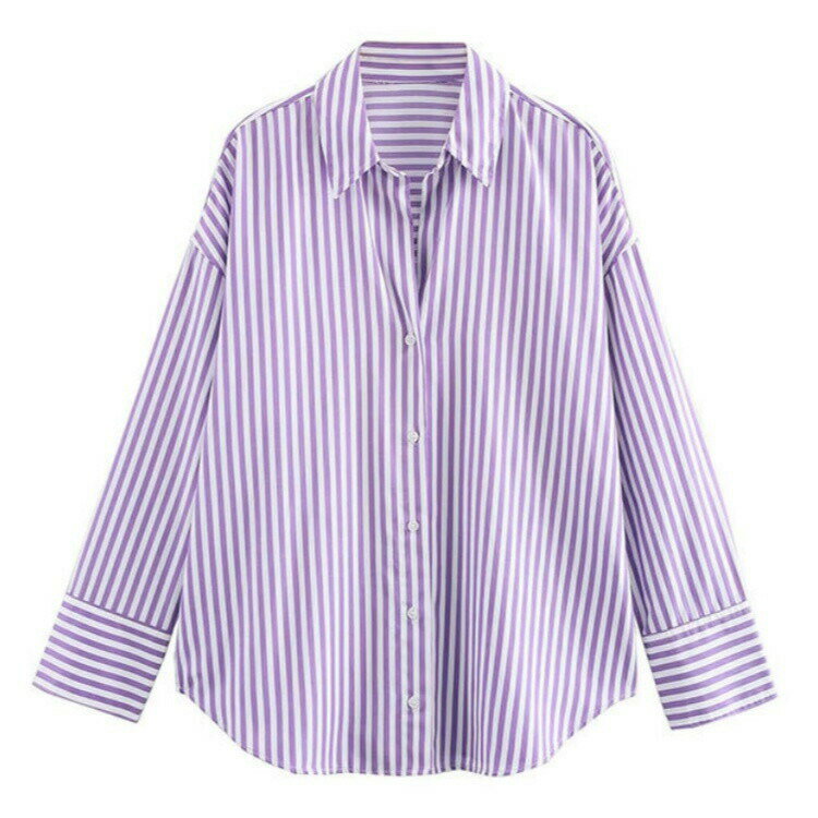 Blouses - 5色お選べる シャツ ブラウス レディース ストライプ 春 夏 トップス 長袖 ストライプ柄 レギュラーカラー 無地 ゆったり ベーシック 体型カバー きれいめ 会社 ワイシャツ