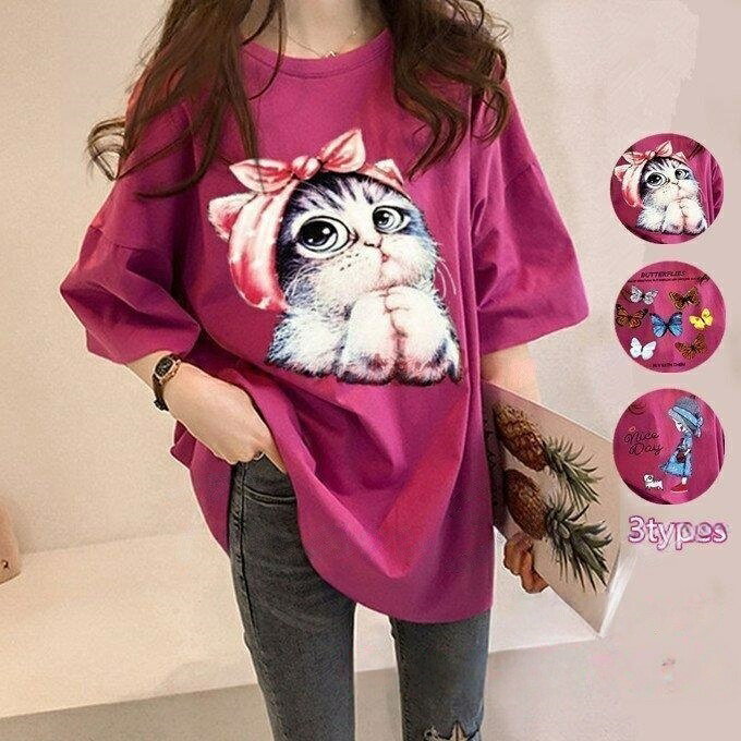 樂天商城 - Tシャツ レディース カットソー 半袖 半そで プリント 猫柄 蝶 tシャツ トップス カジュアル ゆったり 涼しい 夏服 オシャレ きれいめ 春夏
