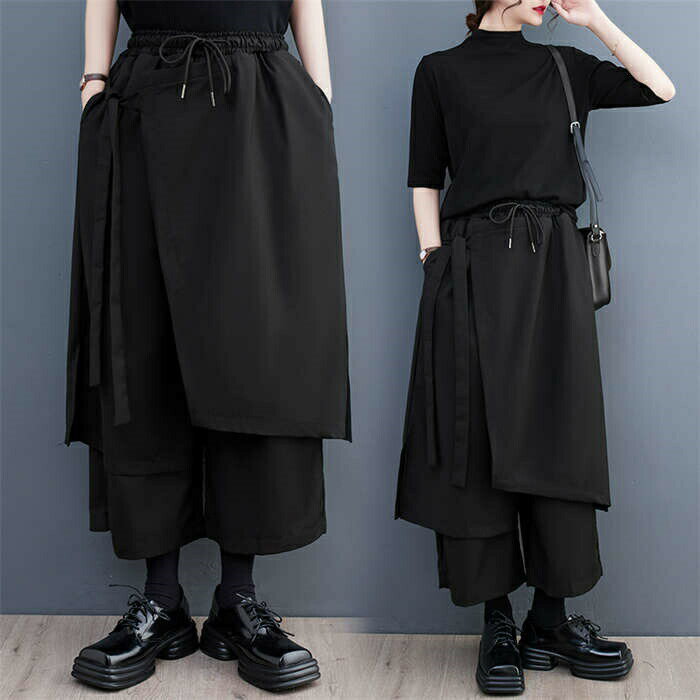 Rakuten - 【楽天スーパーセール】アシンメトリー ワイドパンツ レディース レイヤード 重ね着風 パンツ ボトムス 春 秋 切り替えデザイン ポケット スカーチョ ウエストゴム シンプル 体型カバ ゆったり 無地 アシメ