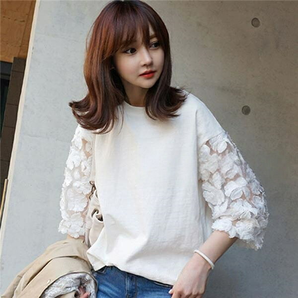 樂天商城 - tシャツ 七分袖 レース スラブコットン 切り替え シースルー 無地 レディース 春夏 カットソー トップス 白 薄手 ブラウス