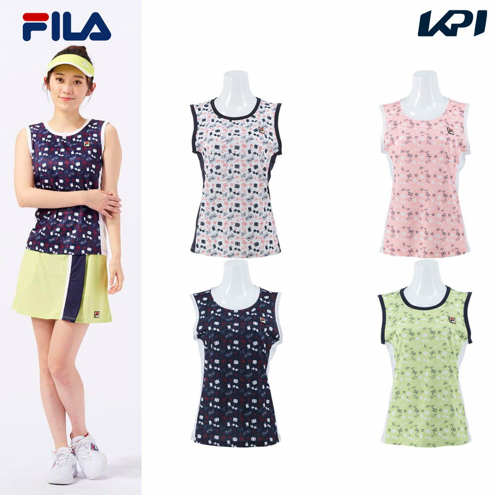 WHITE(01)PINK(19)FILA-NAVY(20)LIGHT-YELLOW(37) メーカー希望小売価格はメーカーカタログに基づいて掲載しています。 トラベル用品をプリントした可愛いノースリーブシャツになります。脇切替が細見え効果となります。 商品説明 ：素材：スクエアメッシュ（ポリエステル100％）：機能：吸水超速乾、UV：原産国：中国 フィラ FILA テニス ウェア テニスウェア ノースリーブシャツ 2023SS 2023新製品 　サイズ表はこちら