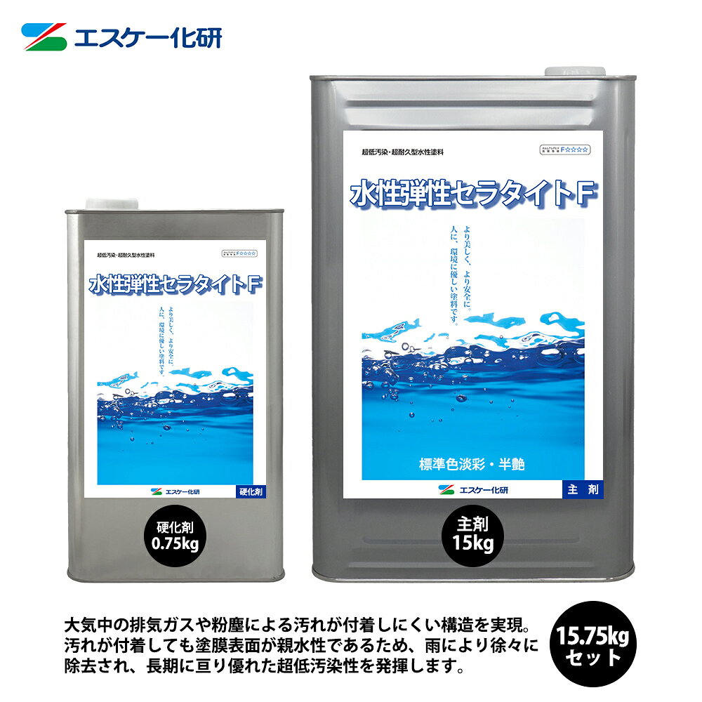 【特徴】 特長 超低汚染性 塗膜表面は低帯電性となり、大気中の排気ガスや粉塵による汚れが付着しにくい構造を実現しました。また、汚れが付着しても塗膜表面が親水性であるため、雨により徐々に除去され、長期に亘り優れた超低汚染性を発揮します。 超耐久性 ベースに強靭な塗膜を形成するふっ素樹脂を採用することにより、卓越した耐候性を示します。 安全性 完全水性塗装システムにより、使いやすく、安全性の高い塗装環境を提供します。 防かび・防藻性 特殊設計により、かびや藻などの微生物による汚染に対して優れた抵抗性を示します。 ひび割れ追従性 防水形複層仕上仕様では、下地のひび割れに優れた追従性を示し、雨水の浸入を防ぎます。 製品仕様 一般名称 超低汚染型水性弾性ふっ素樹脂塗料 規格 - 防火認定 - ホルムアルデヒド放散等級 F☆☆☆☆ 主要構成成分 ふっ素樹脂 用途 内外装 荷姿 15.75kgセット（87〜121m2/セット）、4.2kgセット 設計価格 2,800円/m2 艶の状況 艶有り、半艶、3分艶 希釈 清水 色目 各色 塗装方法 吹付、ローラー、刷毛 期待耐用年数 15〜20年 備考 下地の種類に応じ、適切な下塗材を選定してください。 標準塗坪は、一般的なものであり、下地の状態や環境などによる所要量の増減に応じて変わることがあります。 設計価格は、300m2 以上を基準とする材工共の価格であり、下地調整費は含んでおりません。また、地域により多少異なります。 期待耐用年数は、次の塗り替え時期の目安です。地域、立地条件、方角等により異なりますので、参考値としてお考えください。 施工に際しては施工仕様書および製品容器に記載の注意事項を必ずご覧ください。また、製品の取り扱いは、それぞれの安全データーシート（SDS）に従ってください。 関連商品はこちら 関連商品はこちら 住宅・建築用塗料 DIY水性塗料 練り漆喰 シーラー／コーキング 道具／資材／コーキング 洗浄用／脱脂用／溶剤関係中東情勢等の影響により、メーカー欠品や納期未定となる場合がございます。 長期の納期未定となった際は、自動キャンセルとさせていただきます。 恐れ入りますが、ご了承のうえご注文いただきますようお願いいたします。 【ご注意】 ※関東地方以外は送料が掛かります。 ※メーカー出荷完了後はお客様都合によるキャンセル・返品はお受けできません。 ※日付指定はできません。 ※画面上の色見本は実際の色とは異なって見えますのでご注意下さい。 ※正確な色を確認されたい場合はメーカーの色見本等にてご確認下さい。 （商品内容） ●水性弾性セラタイトF 半艶 淡彩色 15.75kgセット 【用途】 ・内外装 【適用下地】 ・コンクリート、セメントモルタル、押出成形セメント板、スレート板、ALCパネル、各種乾式ボード、各種旧塗膜など