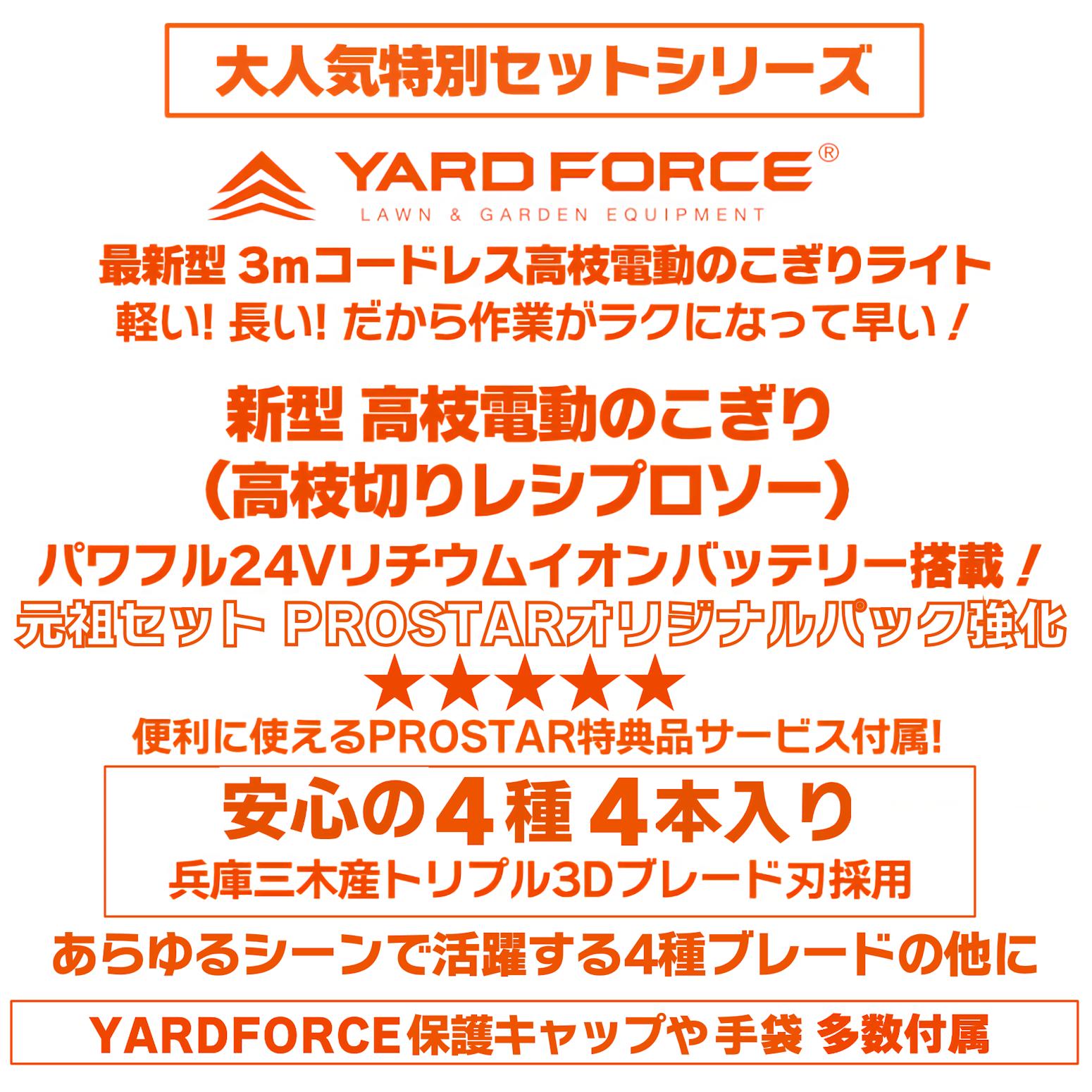 【元祖オリジナル企画限定セット 安心の日本製4種(4本)切れるブレード刃・YARDFORCE保護キャップ・軍手付】　YARD FORCE 24Vコードレス 3m 高枝電動のこぎり ライト「LS C21P-JP」 高枝切りノコギリ 高枝切りバサミ 高枝ばさみ 高枝のこぎり ヤードフォース 2