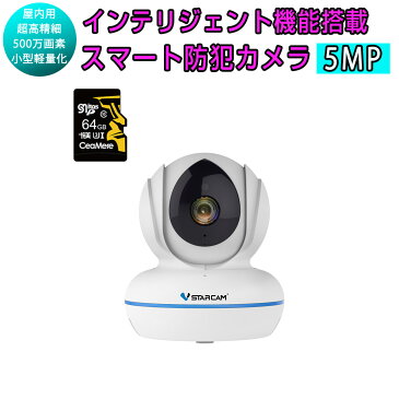 小型 防犯カメラ ワイヤレス C22Q SDカード64GB同梱モデル VStarcam 500万画素 ONVIF対応 超高画質 超高精細 wifi 無線 MicroSDカード録画 録音 ネット環境なくても電源繋ぐだけ 遠隔監視 赤ちゃん 子供 ペット 屋内用 IP カメラ PSE認証 6ヶ月保証