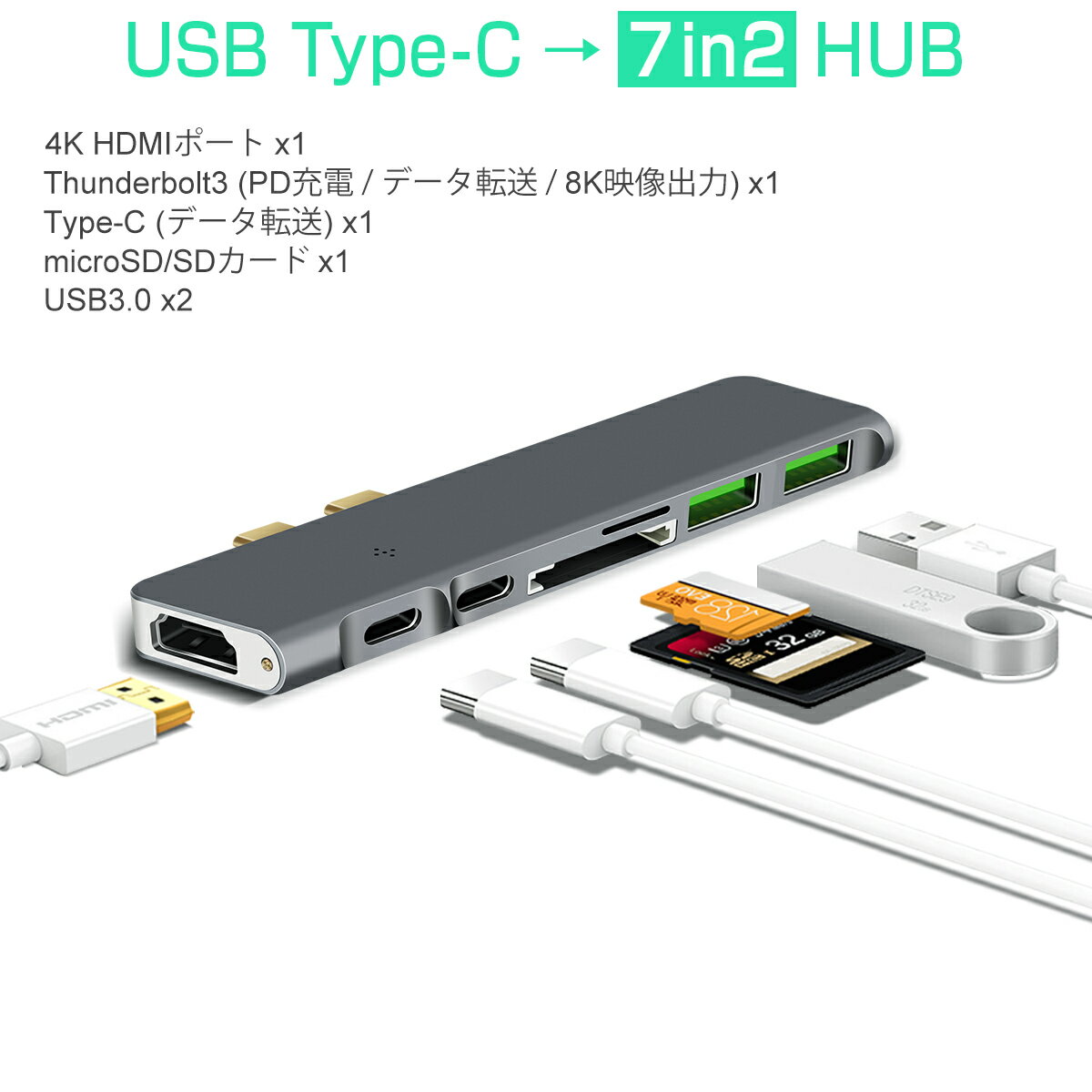 USB Type-C ϥ 7in1 USB3.0x2 4K 8K HDMI Thunderbolt3 40Gbps PD microSD SDå ĥ Ѵ ڡ쥤 MacBookǥ߷ 3ݾ