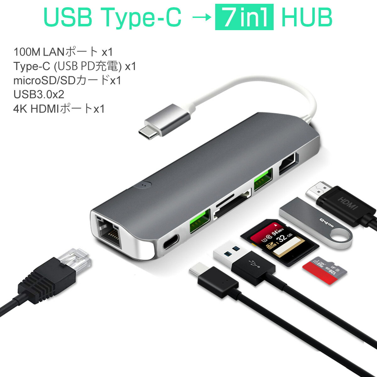 USB Type-C ϥ 7in1 USB3.0x2 4K HDMI ͭLAN PD microSD SDå ĥ Ѵ ڡ쥤  Galaxy MacBook ChromeBook VAIO Mac Windowsб 3ݾ