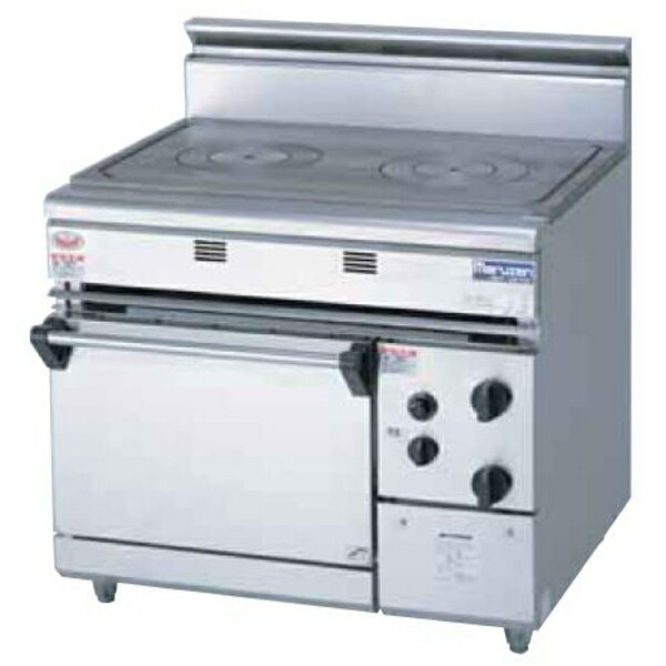 シチューやルー、ソースなどの煮込み、スープのあたためなど、間接的に長時間加熱する調理に最適です。 プレート中心部は、強火力バーナーでスピーディーに立ち上がります。 蓄熱性と保温性に優れた鋳物製のトッププレートは、70℃から450℃まで温度が放射状に広がり、調理により使い分けが出来ます。 また、トップリングを外せば直火の調理も可能です。圧電式自動点火方式を採用、立ち消え安全装置付き。 大型パンをラクラク収納できる、ひろびろ設計のオーブン。 庫内温度を100℃から350℃まで自由に設定でき、調理のマニュアル化がはかれます。しかも棚受けが取り外し可能なので庫内の清掃もラクラク。 外形寸法：間口900×奥行750×高さ800(mm)　バック高さ：200(mm) オーブン庫内寸法：間口460×奥行600×高さ320(mm) バーナー数：小×2（リングバーナー） オーブン数：1 ガス消費量：都市ガス：24.4kW(21,000kcal/h)、LPガス：24.4kW(1.75kg/h) ガス接続口（ユニオン）：25A 重量：289kg 付属品：焼網2、バット2、受皿取手1、リング用取手1 ★「送料無料(北海道、沖縄県、離島を除く)」ですが、車上渡しとなります。 （荷降ろしは、致しません。） &nbsp; ※ガス種のお間違えによる返品・交換はできませんのでご注意ください。