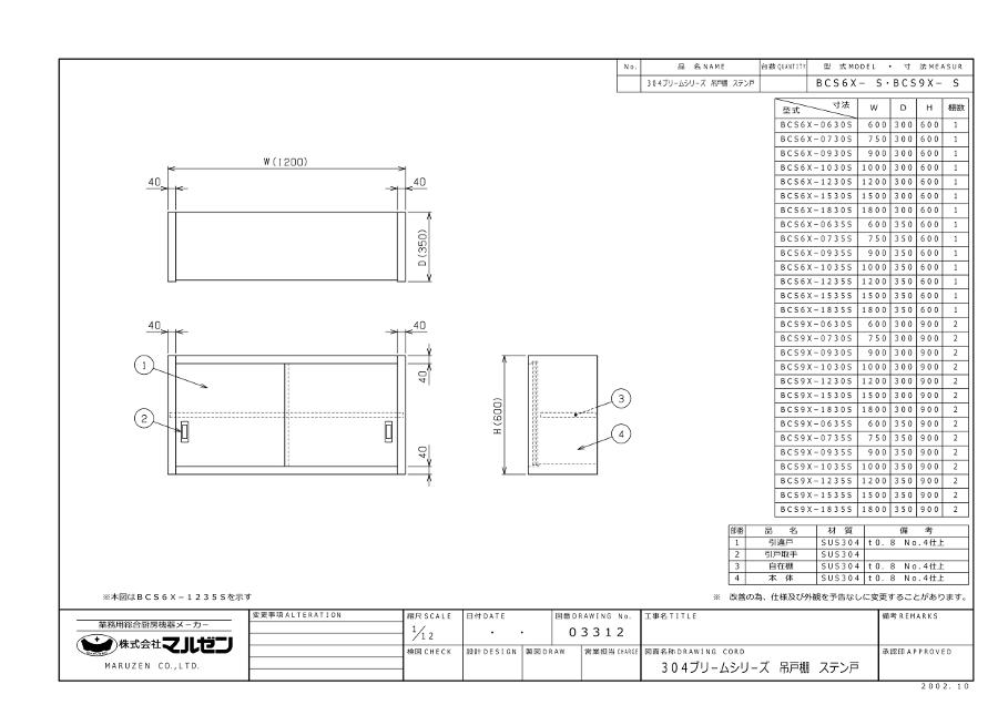 マルゼン 吊戸棚 ステンレス戸 BCS6X-1035S ブリームシリーズ SUS304