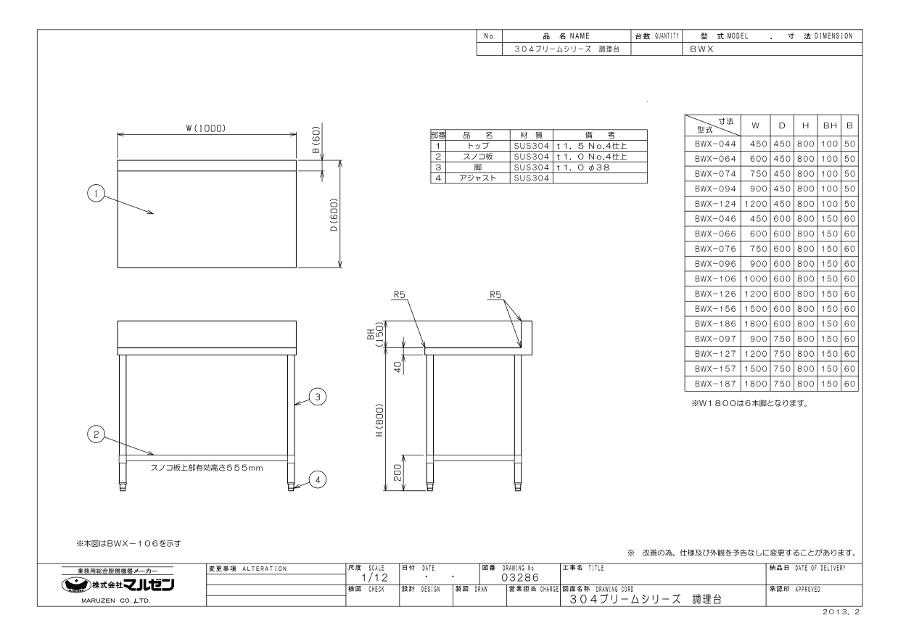 マルゼン 調理台スノコ板付 BWX-066 ブリームシリーズ SUS304
