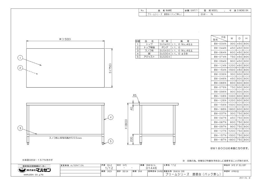 マルゼン 調理台スノコ板付 BW-046N ブリームシリーズ SUS430