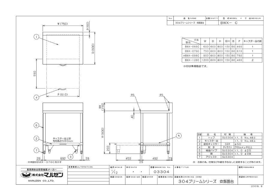 マルゼン 炊飯器台 キャスター台付 BWX-096C ブリームシリーズ SUS304