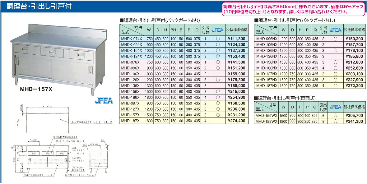 マルゼン 調理台引出し引戸付 MHD-189WX W1800×D900×H800 エクセレントシリーズ SU...