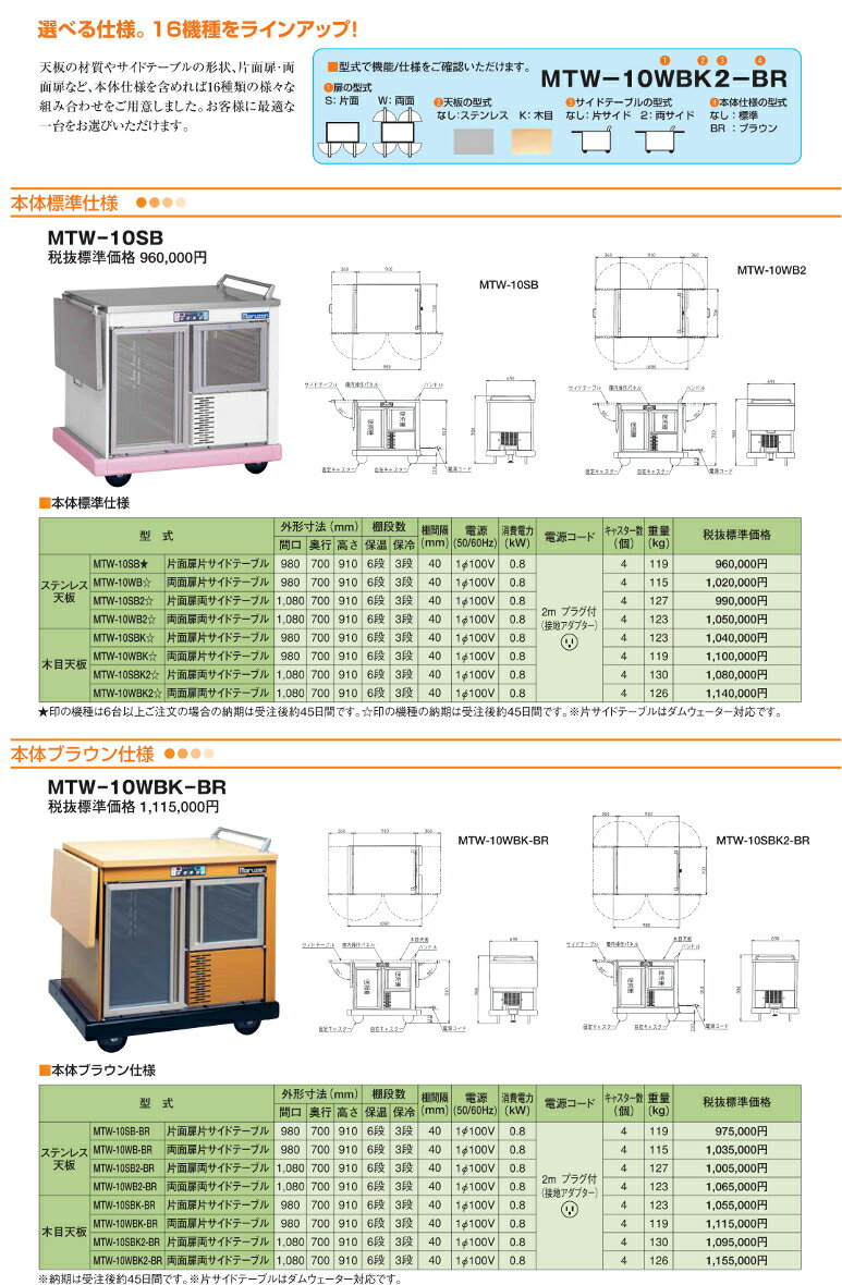 マルゼン ユニットワゴン MTW-10WB2-BR(MTW-10W2-BR) 本体ブラウン仕様 ステンレス天板・両面扉片サイドテーブル W1080×D700×H910 病院・介護